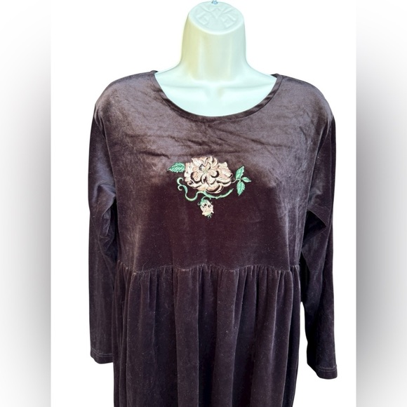 Vintage 90s Velveteen Babydoll Midi Dress Brown Embroidered Fairy Grunge Large - Picture 6 of 12